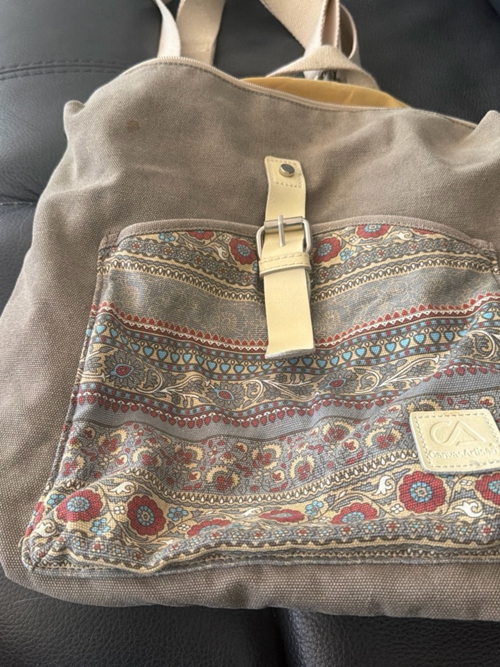 Source Unknown Tan Canvas Backpack with Paisley Front Pocket
